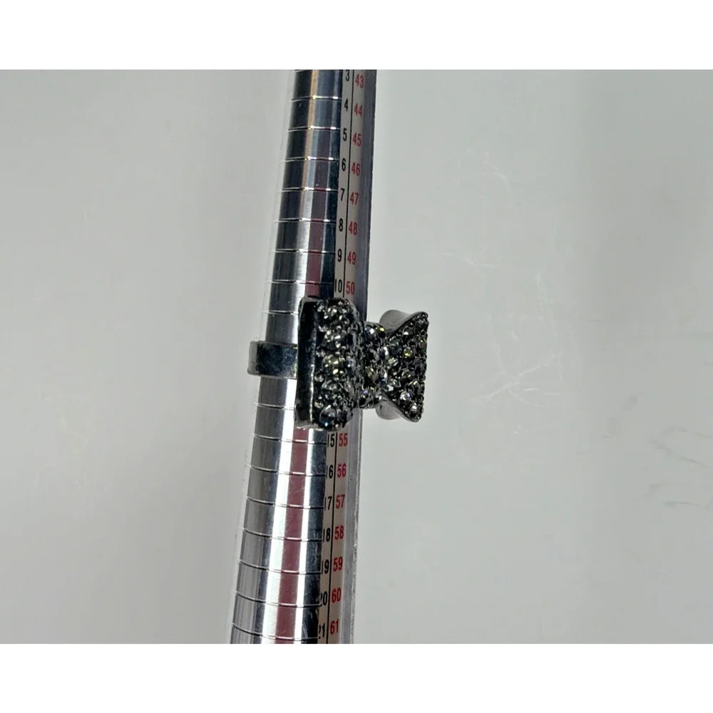 Rhinestone Bow Ring Silver Tone Cocktail Statement Ring Size 6 Gothic Glam Bling